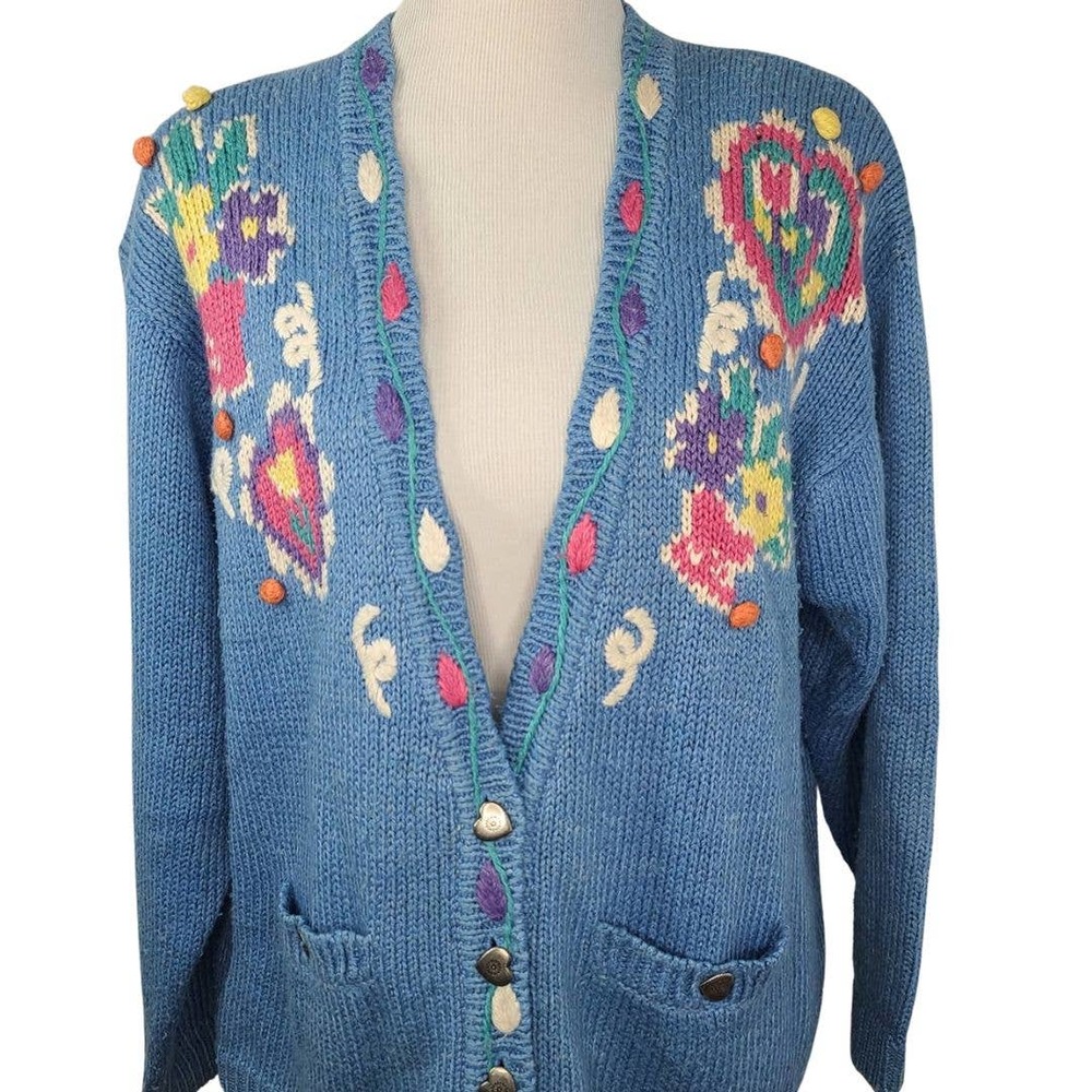 Jantzen Vintage Cardigan Blue Pink XL Spring Floral Hand Embroidered Pockets